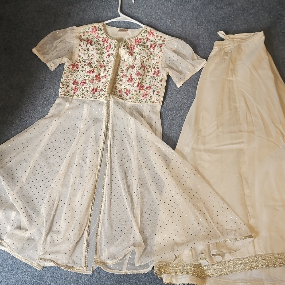 Floral White and Gold Kids Dress